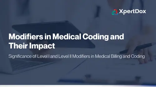 Medical coding application applying Level I and Level II modifiers to CPT and HCPCS codes on a computer screen